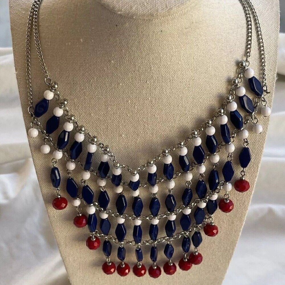 Vintage Patriotic USA Red White Blue Silver Tone Women’s Chain Necklace Sz 22 in